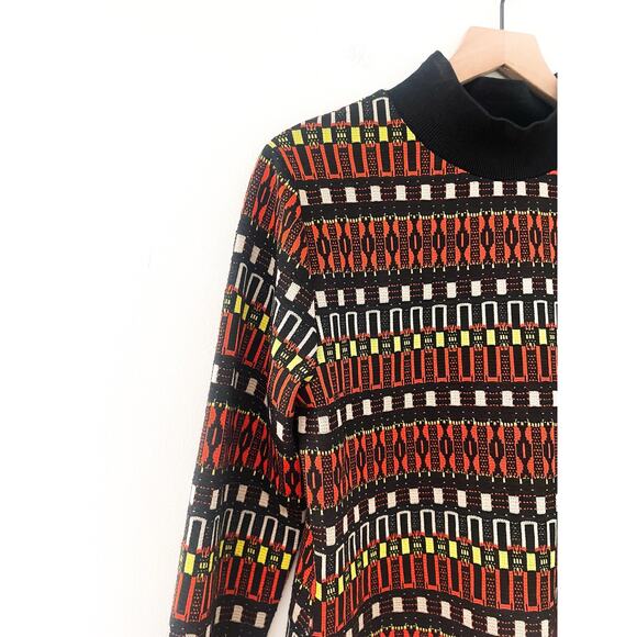Zara Jacquard Geo Stripe Mock Neck Top Large Black Orange Retro 70s Long Sleeve - Picture 6 of 11
